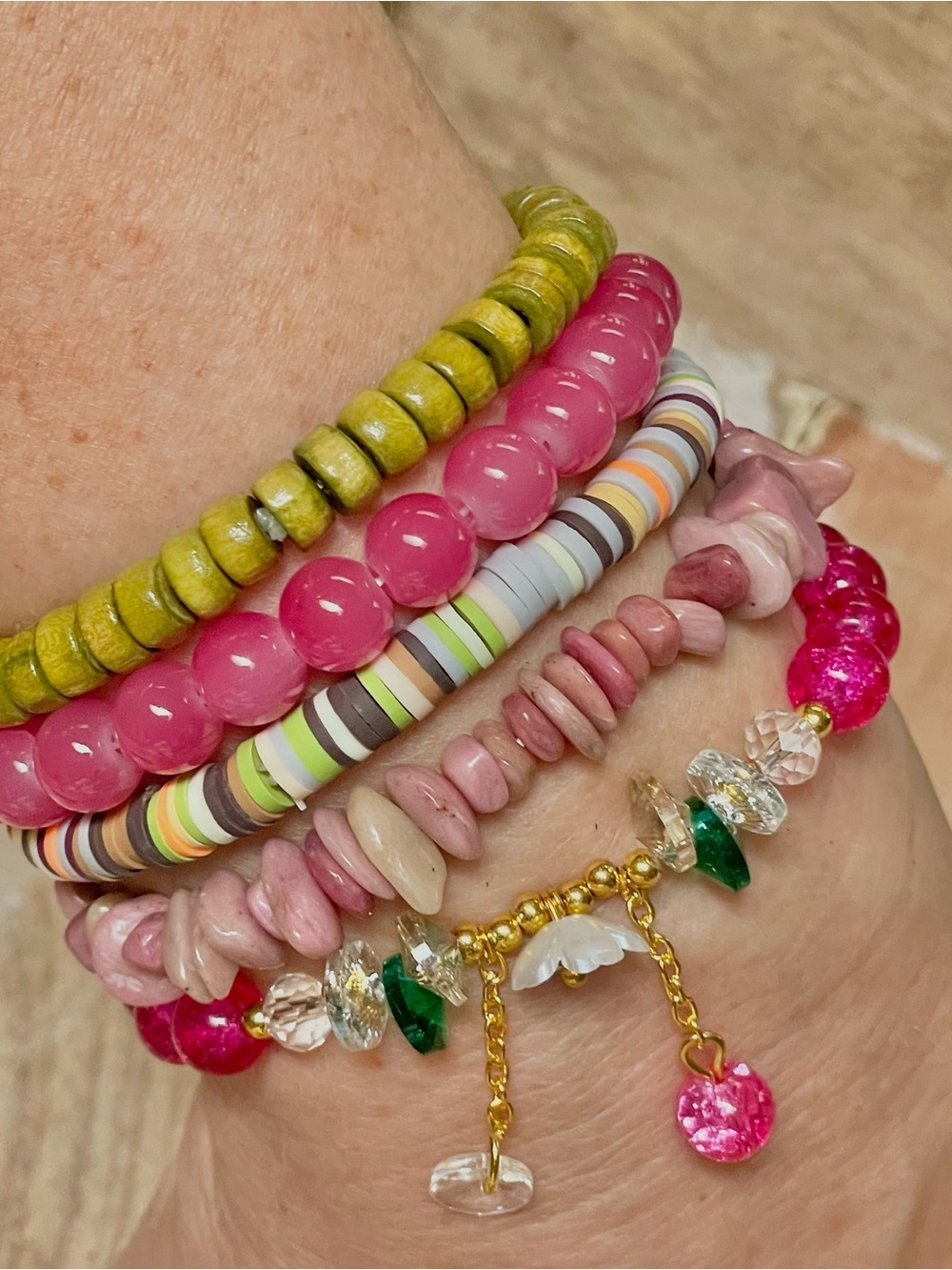 Stacked Pink & Green Beaded Crystal and  Stone Charm Bracelet Set